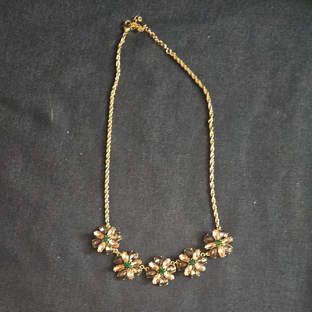 Gold Floral Necklace with Green Accents